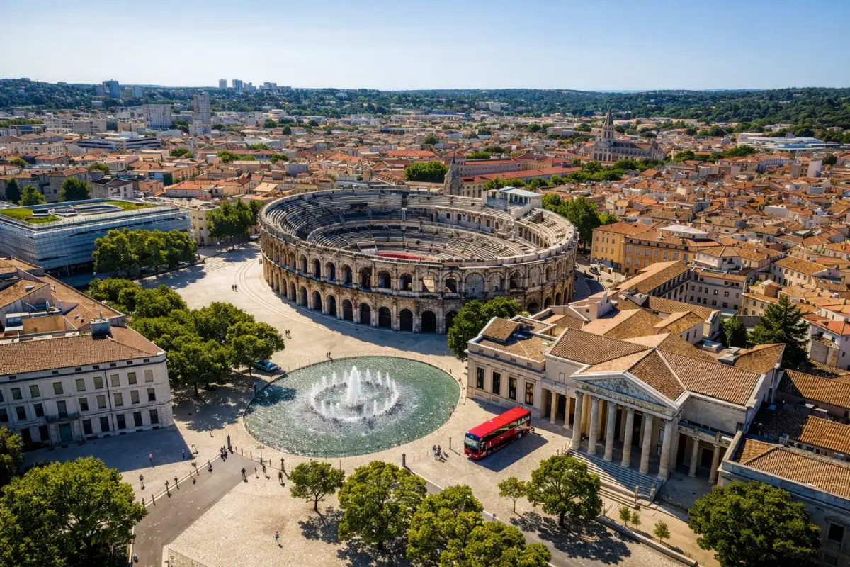 Vue panoramique de Nîmes, une ville où l'histoire romaine et les traditions se rencontrent pour offrir une expérience touristique unique.