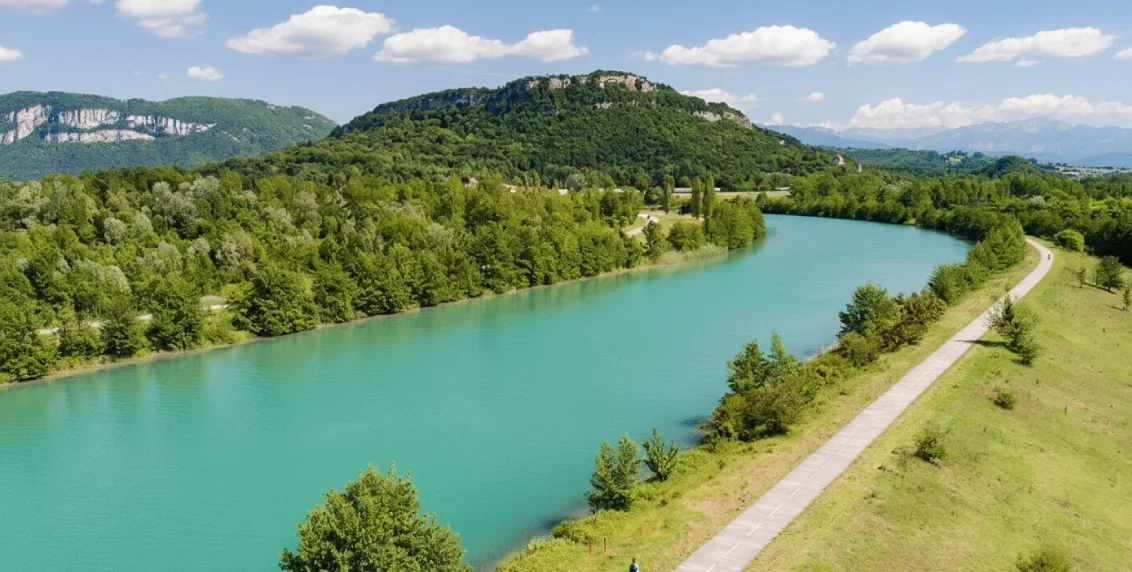 Tourisme Via Rhona avec cyclistes sur une voie verte longeant le Rhône au cœur d’un paysage verdoyant