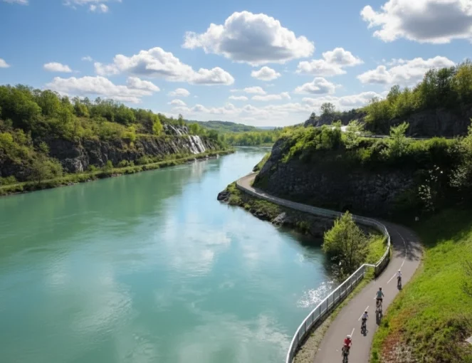 Tourisme Via Rhona sur une piste cyclable aménagée le long du Rhône entre nature et falaises